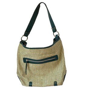 Nino BOSSI Woven Shoulder Bag Beige with Green Leather Trim Silver Hardware